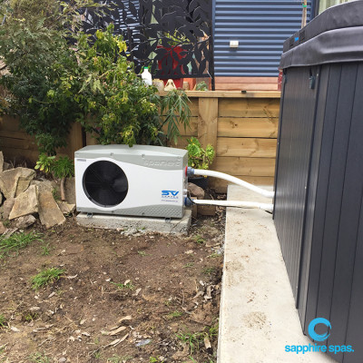 8.8kw heat pump installation; within the maximum distance from swim spa & secured onto stable base / 8.8kw : 960Lx320Wx615H / 72kg