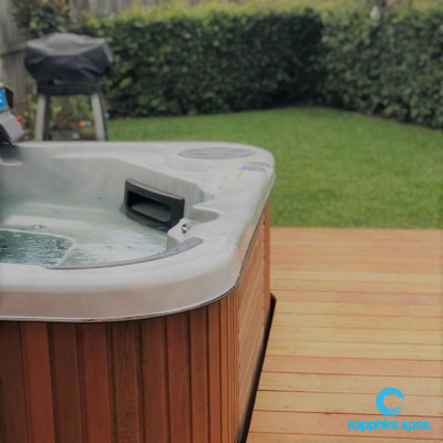 spa pool with cedar cabinet surrounded partially by access deck thanks to the team @ mySpaSydney