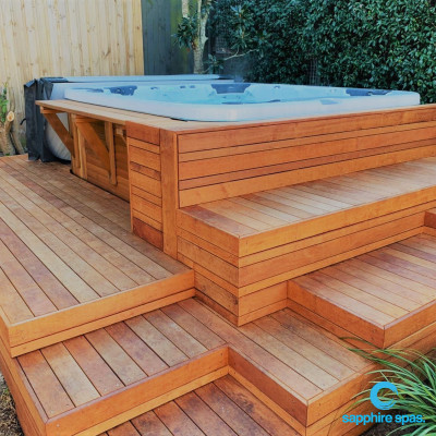 myParadisePREMIUM spa pool in a beautifully designed merbau deck installed by the Dan & the team @ mySpaSydney