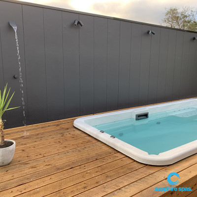 M5Watersedge swim spa build in cypress deck with glass safety fence : mySpaPakenham working with Chrome Projects Mornington Peninsula