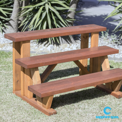 SWIM SPA 3 TIER STEPS : treated pine frame with high quality merbau treads, the three tier design allows you to gain easy entry into our range of Swim Spas (1200 wide x 770 high x 770 deep)