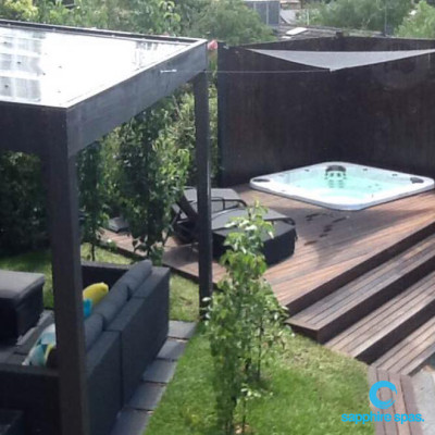 Spa pool in deck with shade sail installed by mySpaSYDNEY